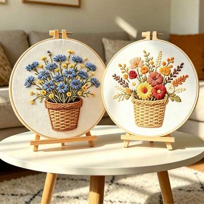 Bộ dụng cụ thêu 3D giỏ hoa kiểu Ins Style, tranh thêu trang trí bó hoa mùa thu tự làm, tranh treo tường, bộ dụng cụ thêu dành cho người mới bắt đầu.