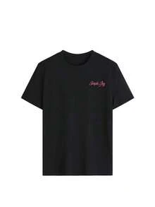 Esta camiseta de cuello redondo con estampado floral y de letras colorido para mujer es moderna y versátil para el verano. La camiseta gráfica viene en blanco y rosa, adecuada para usar en vacaciones. Negro Casual - Negro - Ver 4