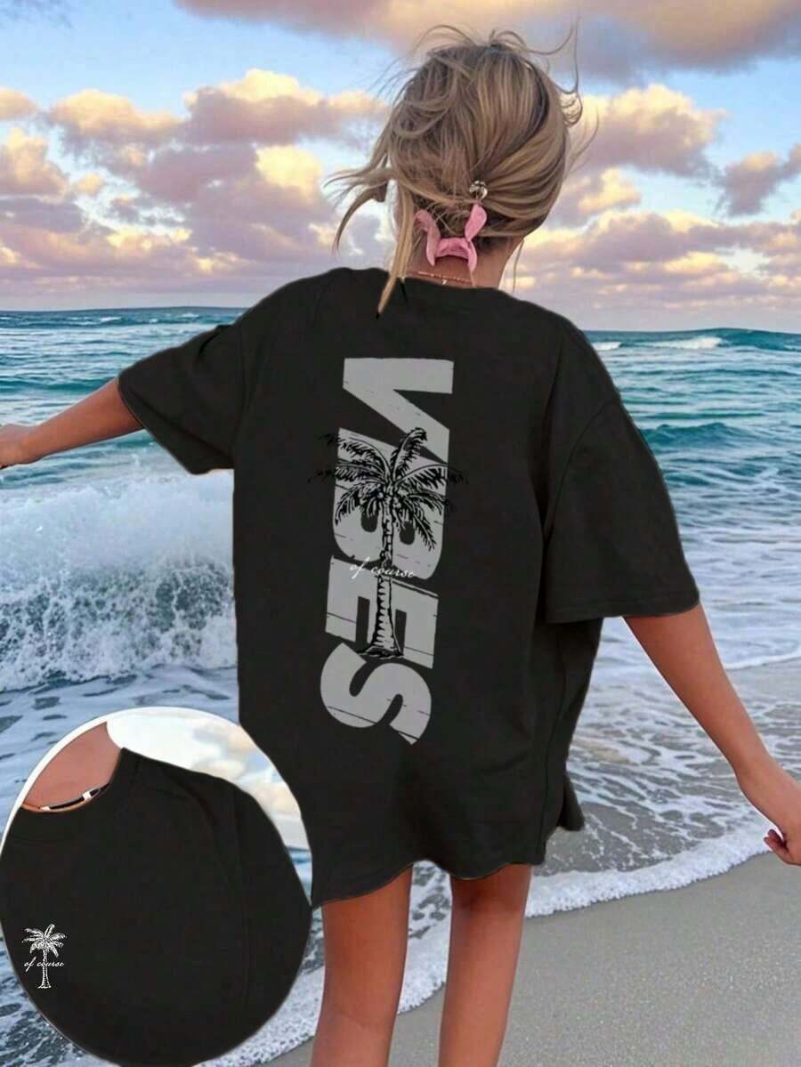 Minimalist Short-Sleeved T-Shirt With A Coconut Print. Available In Three Colors, Comfortable For Summer, Everyday Wear, And Travel. - Black - View 1
