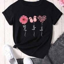 CAMISETA DE CUELLO  REDONDO MANGA CORTA PARA TI CON ESTAMPADO FLORES RUBI. - Negro - Ver 3