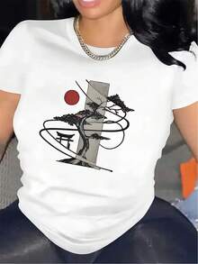 Women's Short-Sleeved T-Shirt, Made Of A Lightweight And Durable Material, Featuring Japanese Art With A Red Sun And Pine Tree, Perfect For Casual Outings At Home, Dinners Or Outdoor Activities, With A Comfortable And Stylish Fit. - 白色 - 查看 1