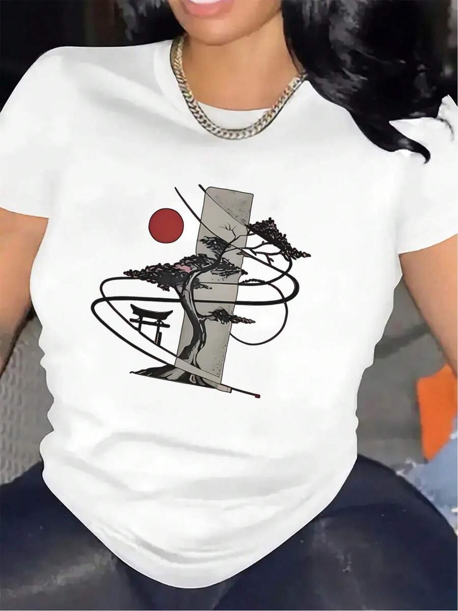 Women's Short-Sleeved T-Shirt, Made Of A Lightweight And Durable Material, Featuring Japanese Art With A Red Sun And Pine Tree, Perfect For Casual Outings At Home, Dinners Or Outdoor Activities, With A Comfortable And Stylish Fit. - 白色 - 查看 1