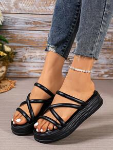 Sandal nữ, Sandal nữ tối giản màu trắng đế dày nhiều quai - Đen 1 - Xem 4