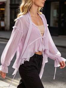 Women's Sheer Ruffle Tops Fashionable Solid Color V Neck Long Sleeve Tie Front Loose Blouse - Purple - View 3