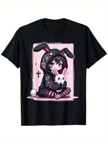 Cotton T-Shirt With Gothic Rabbit Design, Anime Style, Cute, E-Girl, Gothic Clothing, Grunge Rock, Gift For New Year, Valentine's Day, Birthday For Parents, Friends, Family And Colleagues - 黑色 - 查看 1