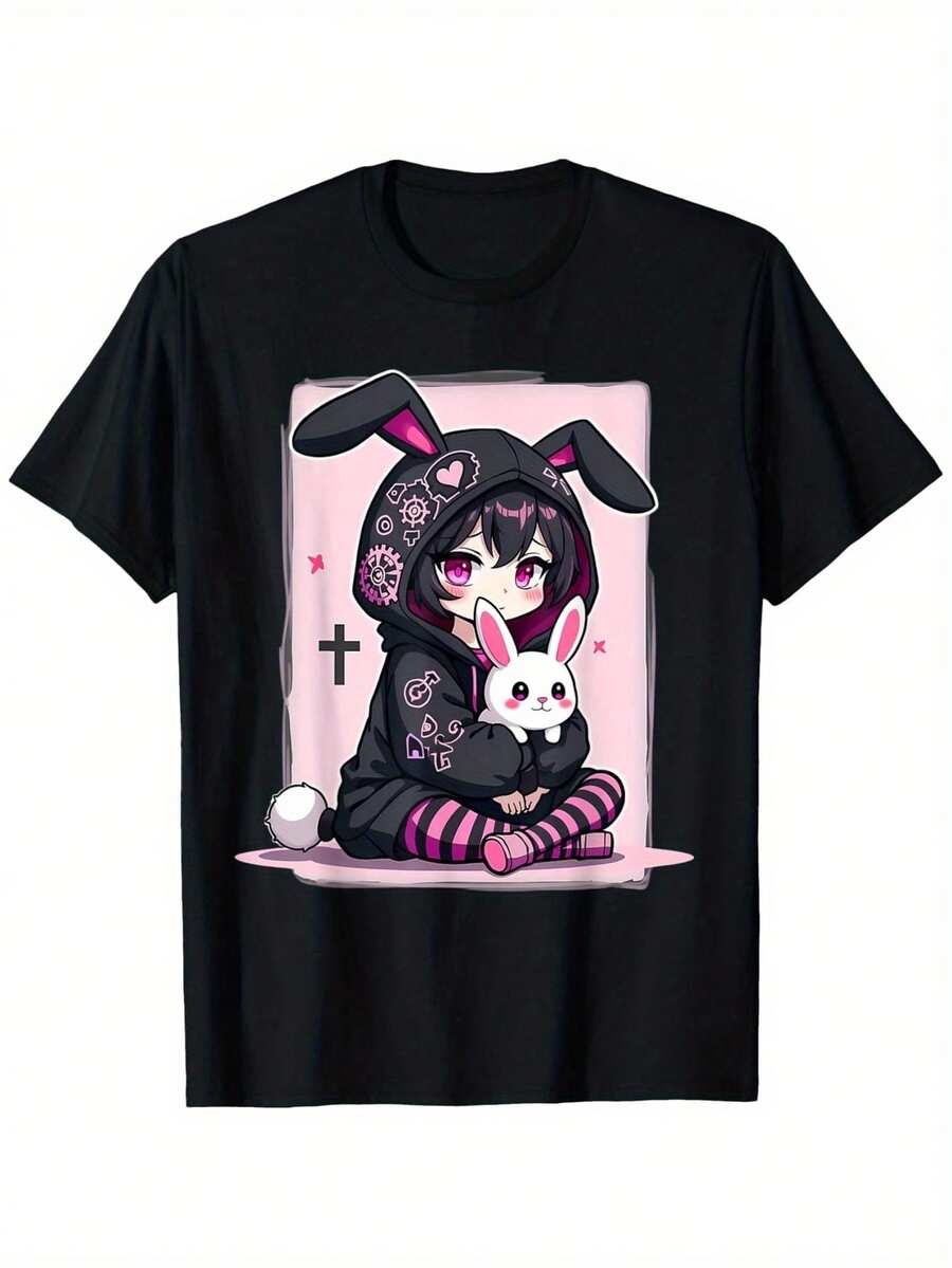 Cotton T-Shirt With Gothic Rabbit Design, Anime Style, Cute, E-Girl, Gothic Clothing, Grunge Rock, Gift For New Year, Valentine's Day, Birthday For Parents, Friends, Family And Colleagues - 黑色 - 查看 1