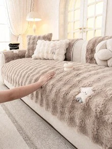 1 pieza Funda de sofá de piel de conejo sintética, protector de sofá suave y grueso, resistente a las mascotas y antideslizante para dormitorio, oficina, sala de estar, decoración del hogar - Caqui - Ver 2