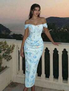 Vestido ajustado con hombros descubiertos y estampado floral rosa para mujer - Celeste - Ver 4