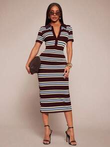 Vestido camisero de mujer de estilo casual, elegante y de negocios, con rayas negras y blancas.Vestido midi de punto elástico y ajustado.Vestido chic francés a rayas en blanco y negro.Vestido midi a rayas.Vestido midi ajustado a rayas.Vestido de verano de mujer con cuello a rayas. - Multicolor 7 - Ver 2