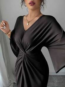 xheElenzga Vestido de manga de murciélago de punto elástico elegante con diseño de giro de cuello en V de longitud media para mujeresxhe - Negro - Ver 5
