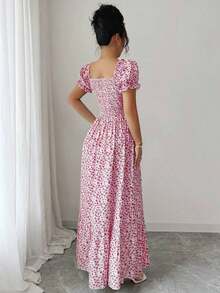 vestido de mujer con estampado digital, mangas abullonadas, nudo delantero, espalda descubierta y cintura ceñida.Elegante y chic para vacaciones, citas, estilizador y adelgazante - Rosa 2 - Ver 2