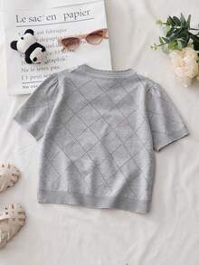 3D Floral Trim Short Sleeve Casual Knit Top, Summer Knit Pullover Sweater, Versatile Daily Wear For Young Girls - Grey - View 4