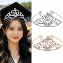 Diadema de Corona con Corazón de Strass para Graduación, Tocado Brillante para Fiesta de Graduación, Accesorio para el Cabello Elástico Ajustable - Multicolor - Ver 2