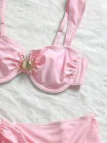 Conjunto de traje de baño tipo tankini de 3 piezas de unicolor, diseño de tirantes anchos con aros para un soporte cómodo, estilo de playa de moda, perfecto para fiestas de playa y piscina en verano Blanco - Rosa - Ver 5
