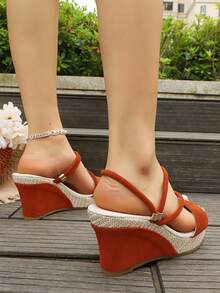 Women's Fashion Round Toe Summer Open Toe Slip-On Comfortable Wedge Thick Bottom Sandals, Multi-Color, Plus Size - Orange - View 7