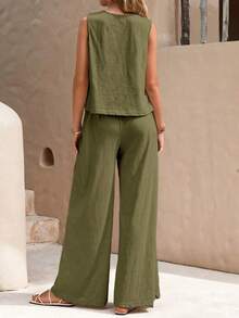 Faunlyn Top tank unicolor & Pantalones de pierna ancha - Verde militar - Ver 2