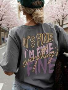 Graphic TeesNew Summer Women Simple "FINE" Letter Print Round Neck Dark Grey Short Sleeve T-Shirt, Fashionable And Versatile, Suitable For Women's Casual Daily Wear In SpringLoose And Comfortable Summer Clothes - 白色 - 查看 6