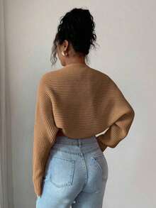 Raffinéa Cárdigan corto de punto acanalado de unicolor elegante para mujer, otoño - Camel - Ver 2