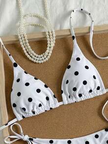 Swim Mod Conjunto de bikini de mujer con estampado de lunares, de cintura baja y con lazo en el cuello, nuevo para el verano - Blanco y Negro 2 - Ver 4