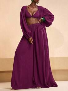 Conjunto de bata y pantalones de pierna ancha de unicolor para mujer, conjunto informal de cubrecuerpo para resort - Morado - Ver 5