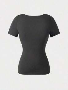 Blusa de manga corta y cuello redondo casual y elegante, adecuada para uso diario, ir al trabajo y salir, primavera/verano - Gris - Ver 7