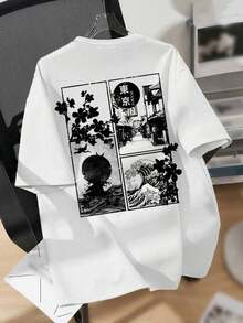 Camiseta de manga corta informal con gráfico de dibujos animados para adolescentes varones, adecuada para el verano - Blanco - Ver 7