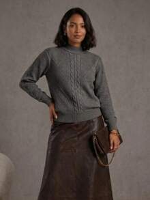 Women's Modal Knit Winter Blouse With Braided High Neck, Modern Style - Grey - View 1