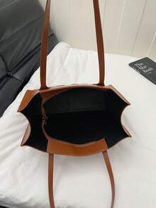 Bolso de mano grande para mujer, de material de piel sintética, con diseño de doble correa para el hombro, espacioso para ir al trabajo y de compras - Marrón - Ver 6