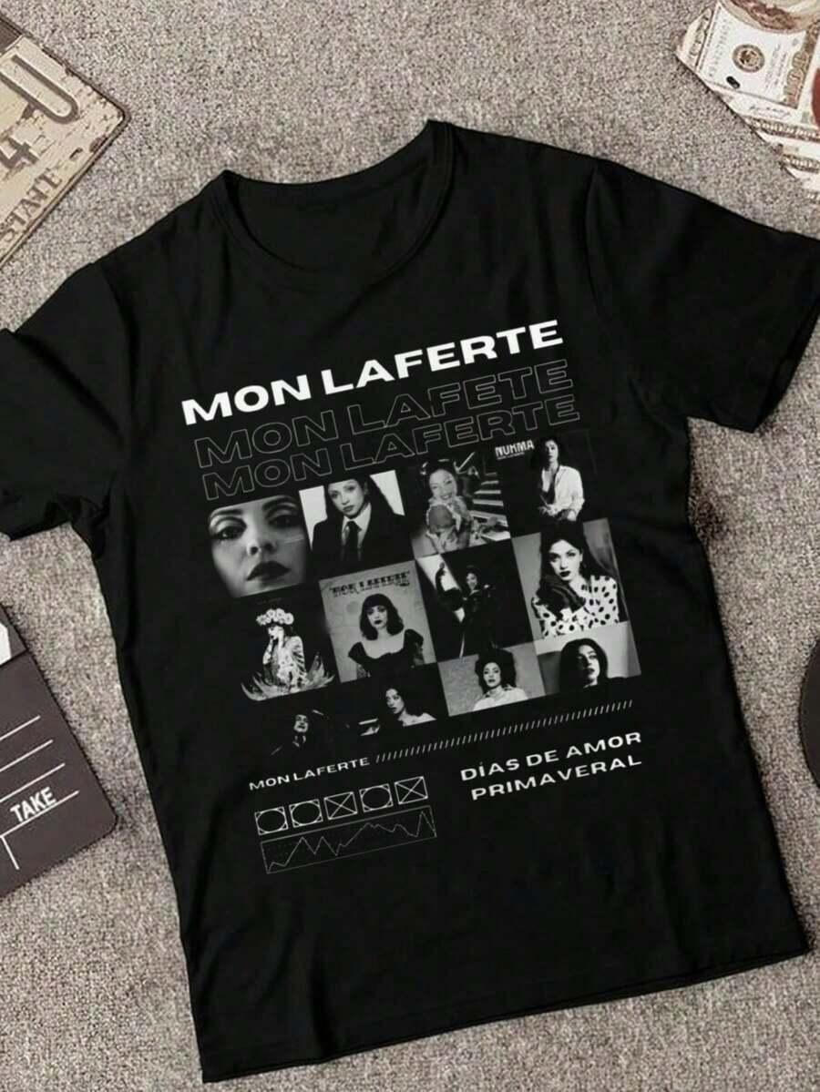 Crew Neck Casual T-Shirt - 100% Cotton - Mon Laferte Print With "Springtime Love Days" Text And Vintage Photo Collage - Perfect For Streetwear, Home, And Sports | Ideal Gift | Machine Washable | Comfortable All Year Round | 100% Pure Cotton | Lightweight And Breathable | Hip-Hop Style | Street, Home, Exercise | Drip Clothing - 黑色 - 查看 1
