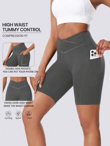 Seitentaschen Einfarbige Kreuz-Taille Damen Sport Shorts, Hohe Taille Lifting Yoga Shorts für Fitness, Pilates, Outdoor Laufen, Radfahren, Lässig Zuhause - Grau - Übersicht 1