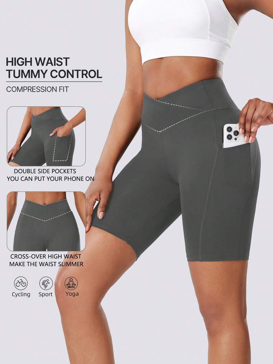 Seitentaschen Einfarbige Kreuz-Taille Damen Sport Shorts, Hohe Taille Lifting Yoga Shorts für Fitness, Pilates, Outdoor Laufen, Radfahren, Lässig Zuhause - Grau - Übersicht 1