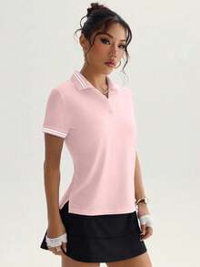 Polo Deportivo de Manga Corta con Ribete a Rayas para Mujer, Verano - Rosa - Ver 2