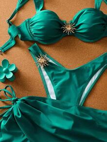 5GGJ Conjunto de bikini de 3 piezas con lunares, diseño de tirantes anchos con aros proporciona un soporte cómodo, creando un look de playa de moda, perfecto para la playa de verano y fiestas en la piscina - Agua verde azul - Ver 4