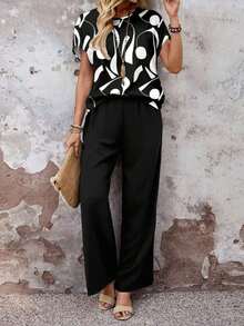 Set de 2 piezas con top de manga corta y pantalón de pierna ancha con estampado geométrico para mujer - Blanco y Negro - Ver 4