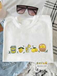 Camiseta de verano con estampado de limones bordado, camiseta de regalo para amantes de la comida, bonito regalo para ella, blusa de frutas a la moda para mujer, camiseta bordada de estilo veraniego para damas - Camiseta unisex de algodón suelto de manga corta y cuello redondo estilo vintage urbano. Blusas para mujer. blusas.blusas casuales para dama. - Blanco - Ver 1
