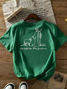 | 1 Playera para Mujer 100% Algodón Transpirable| Camiseta de manga corta para mujer con estampado religioso - Jesús y el Cordero del Pastor con la frase "Dejó los 99 para encontrarme" (Mateo 18:12-14), cuello redondo, estilo casual para iglesia, atuendo informal y ropa religiosa - Ideal para el verano. - Verde - Ver 3
