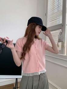 可愛蕾絲飾邊甜美溫柔優雅素色圓領針織短袖上衣 粉色夏季 - 粉色 - 查看 6