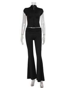 Conjunto de dos piezas  cardigan ajustable y pantalones liso estilo chic - Negro - Ver 8