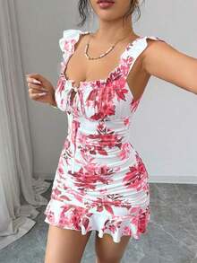 Vestido camisero con volantes en el bajo y hombros descubiertos, estilo vintage con estampado - Vestido entallado de línea A - Rosa - Ver 8