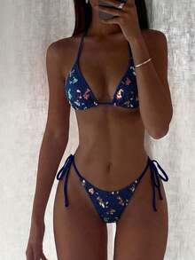 Costavie Swim Mod-D, Conjunto de Bikini Sexy de 2 Piezas con Lentejuelas Coloridas, Tela Especial, Sujetador de Copa Triangular y Braguitas con Lazos Laterales, Primavera/Verano - Azul Marino - Ver 12