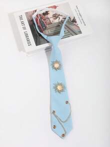1pc Fashion Rhinestone Sun Decor Chain Tie, Unisex Casual Versatile Suitable For Daily, School, Travel - Baby Blue - View 3