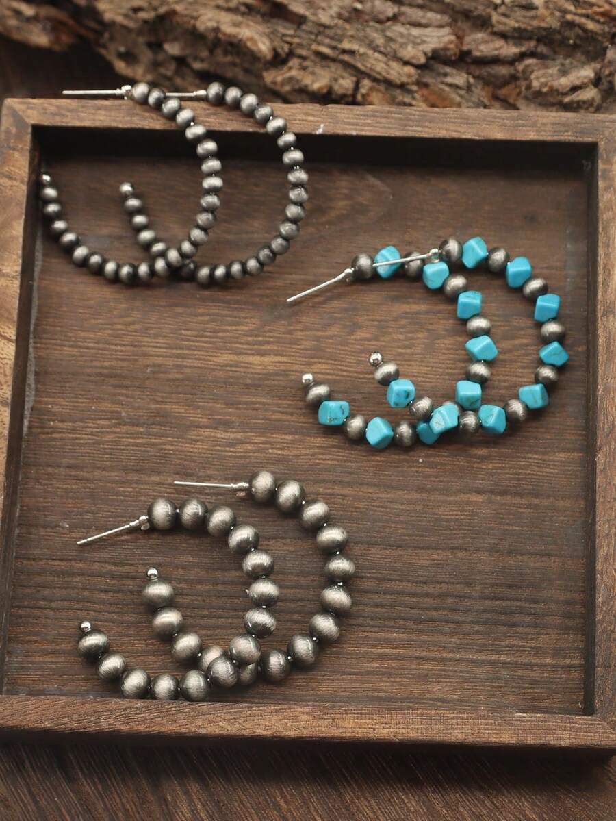3 Pares Pacote de Valor Conjunto de Brincos com Contas, Brincos de Argola de Estilo Pérola Turquesa + Escovada Antiga com 4,5cm, Uso Diário Versátil para Mulheres - Azul - Visão 1
