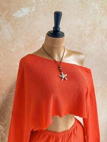 Casual 2-Piece Set Consisting Of A Cropped Top With An Irregular Neckline And Lettuce Hem, And Shorts, In A Solid Color, For Vacation, Spring/Summer - 橘色 2 - View 11