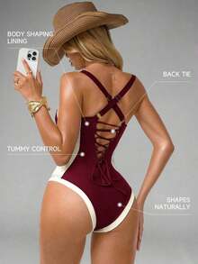 de baño de una pieza con control de abdomen, con abertura lateral, push-up y efecto estilizante, en marrón y beige para mujer - Burdeos - Ver 11