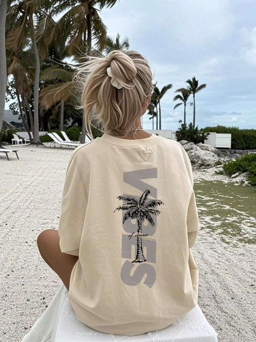 Camiseta de mujer de manga corta con cuello redondo, estampado minimalista de árbol de coco y eslogan, simple y versátil, adecuada para uso diario y vacaciones. Camiseta gráfica, mujer, blanco, negro, rosa, verano - Albaricoque - Ver 1
