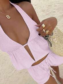 SunnyBelle Top sin espalda con escote profundo en V de cuello halter a rayas azul y blanco de lino, y shorts casuales sueltos con cordón a la cintura, conjunto veraniego sexy, lindo, elegante y romántico para mujer - Rosa - Ver 3