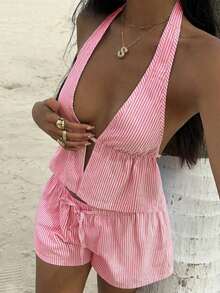SunnyBelle Top sin espalda con escote profundo en V de cuello halter a rayas azul y blanco de lino, y shorts casuales sueltos con cordón a la cintura, conjunto veraniego sexy, lindo, elegante y romántico para mujer - Rojo - Ver 4