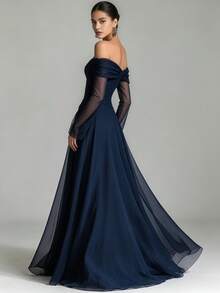 Elegant Strapless Ruched Mesh Maxi Dress For Women 2026 Summer Formal Party Gown Spliced Sheer Overlay - Màu xanh lam - Xem 2