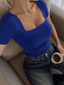 Blusa de manga corta con cuello cuadrado, elegante y versátil, adecuada para uso diario, ir al trabajo y salir, primavera y verano - Agua verde azul - Ver 5
