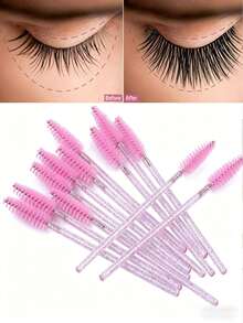 100/50/30/20/10pcs Eyelash Brushes, Mascara Brushes, Soft Disposable Eyebrow Brushes, Eyelash Extension Brushes, Eyebrow Brushes, Castor Oil Brushes (Crystal Pink), Free Gift - Pink - View 3